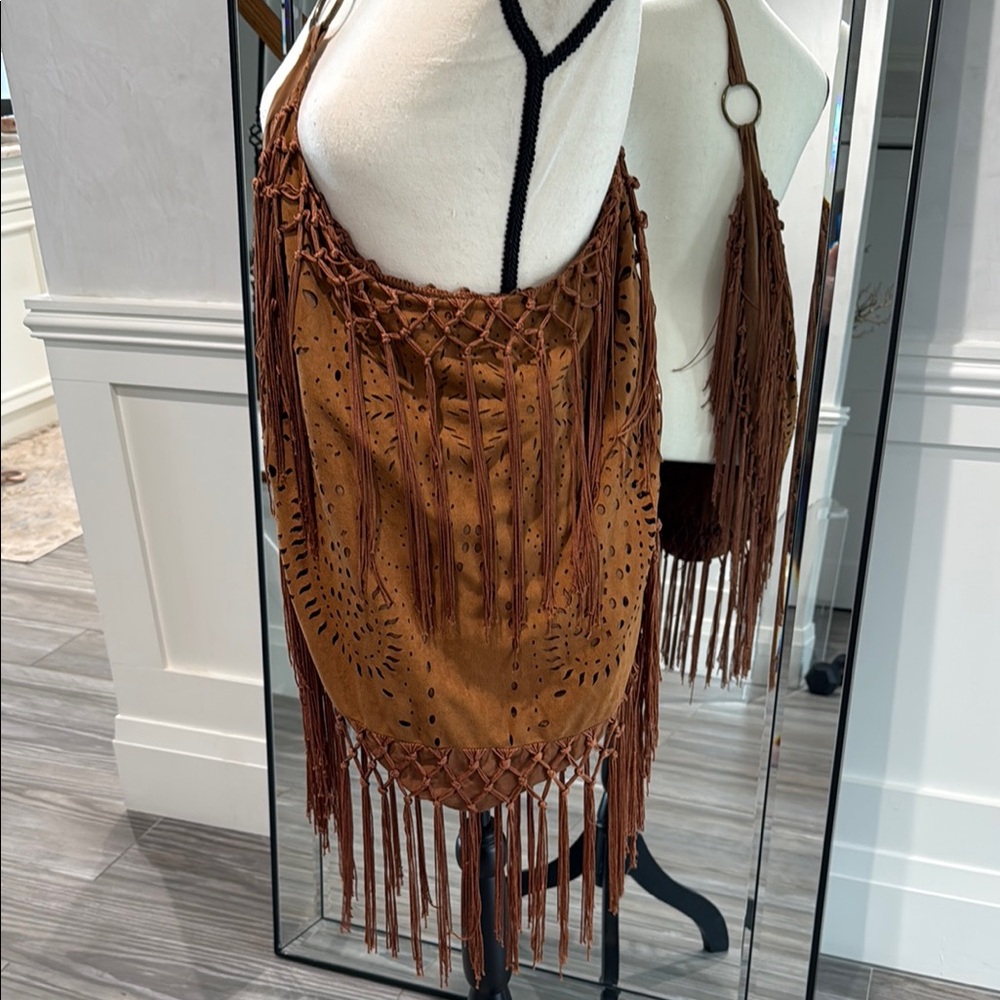 Brown Long Fringe Vegan Suede Bag